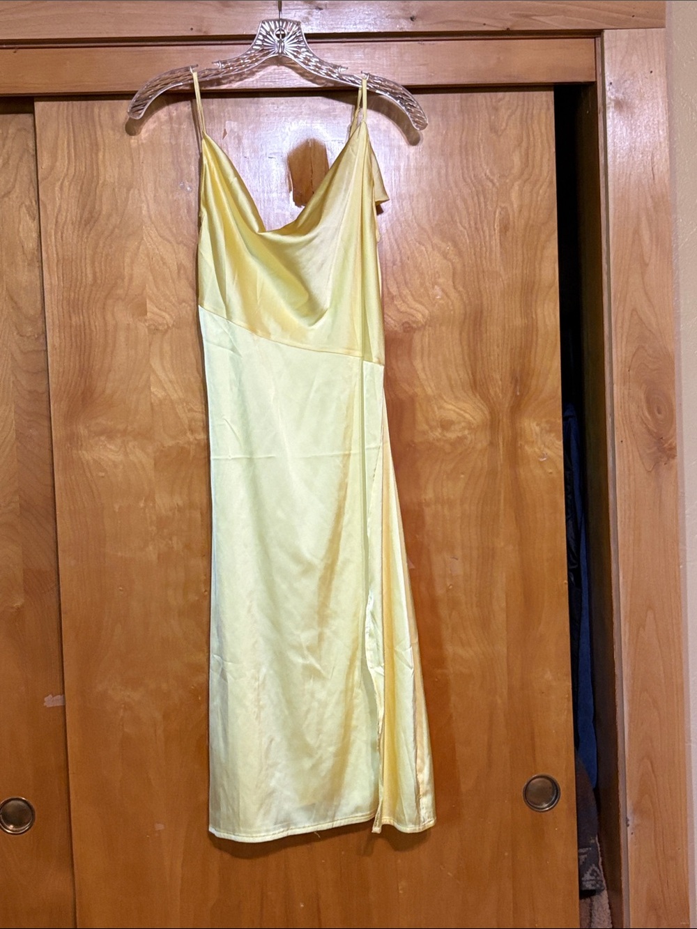 Satin Cowl Neck Midi Slip Dress in Lemon Yellow